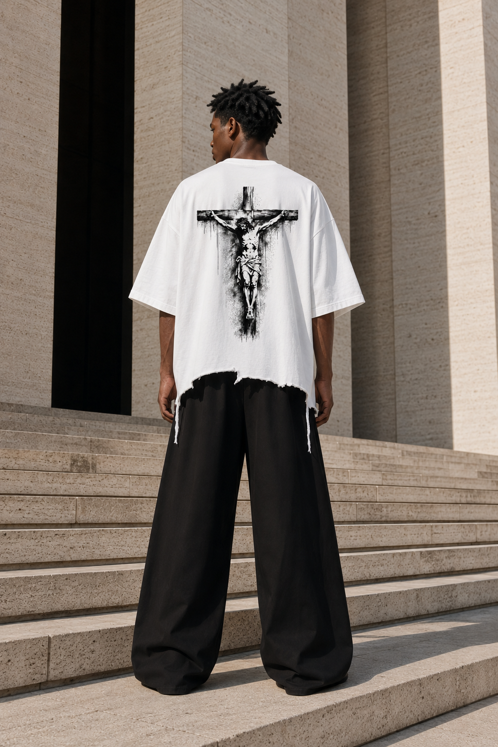Model displaying the back artwork of an oversized white Made Clothing Co. T-shirt.