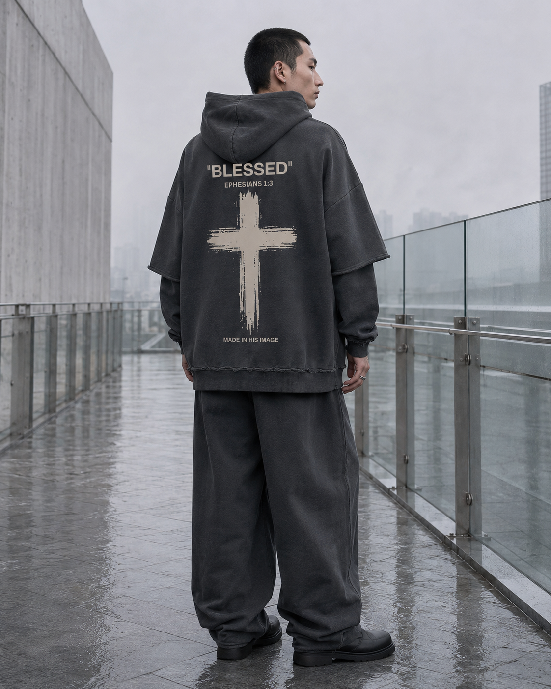 "BLESSED" Snow Washed Raw Hoodie