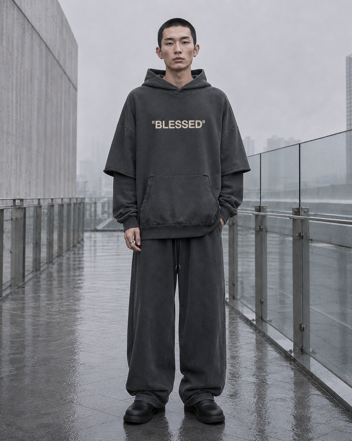 "BLESSED" Snow Washed Raw Hoodie